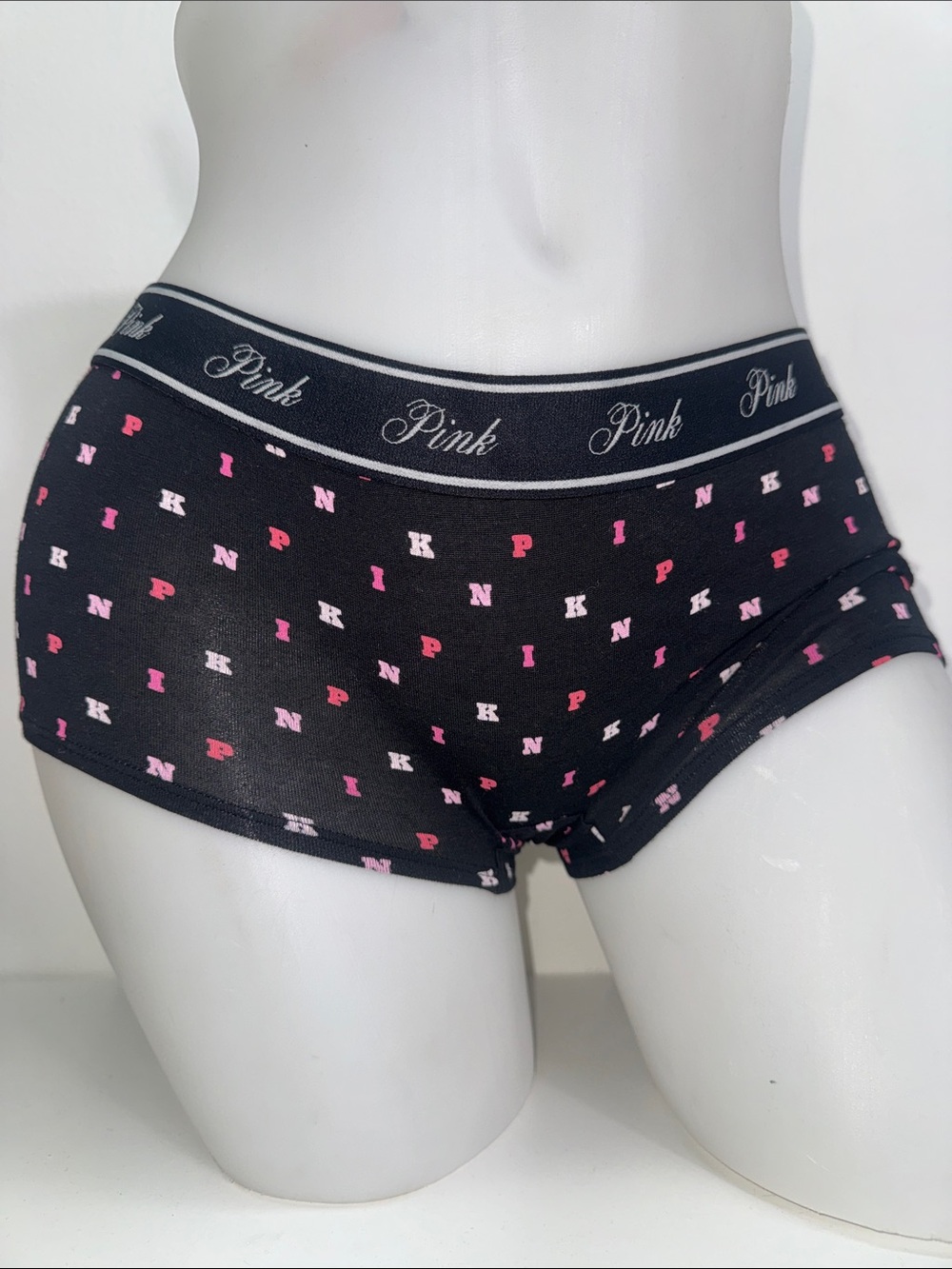 PINK Victoria's Secret Black Boyshorts with Pink Logo Print Sz small NWT